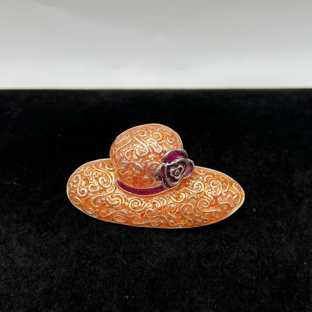 Liz Claiborne Vintage Hat Brooch Silver Tone Peach Orange Burgundy Enamel